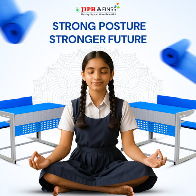 Yoga Day creative design showing a schoolgirl meditating in lotus pose with ergonomic student benches in background by Jiph Furniture—ideal for International Yoga Day poster or furniture campaign.