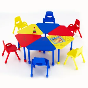 Colorful hexagon kids study table with matching plastic chairs for classrooms
