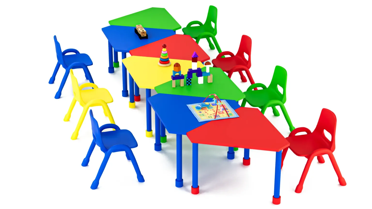 Colorful modular classroom furniture setup for primary school students