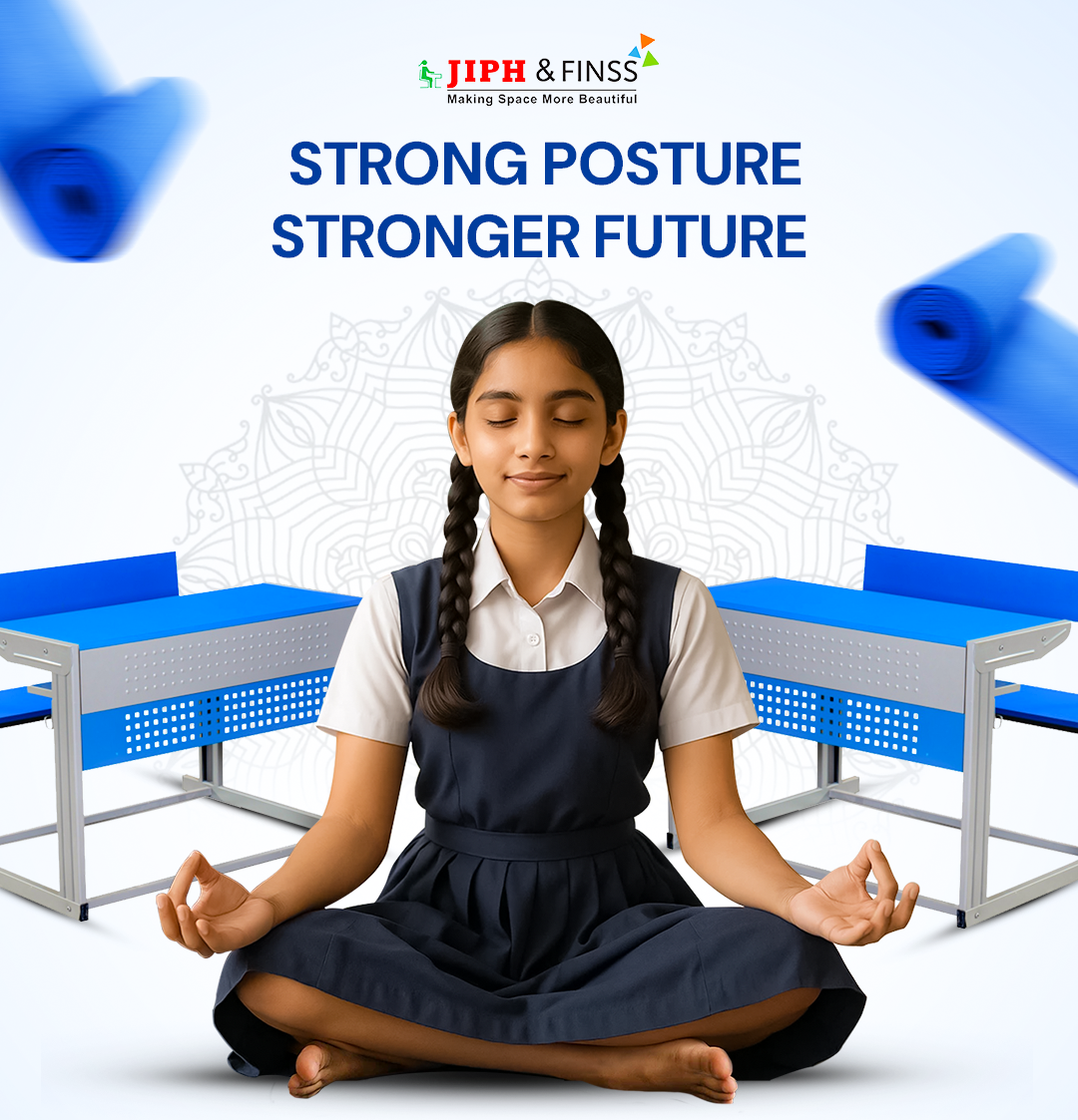 Yoga Day creative design showing a schoolgirl meditating in lotus pose with ergonomic student benches in background by Jiph Furniture—ideal for International Yoga Day poster or furniture campaign.